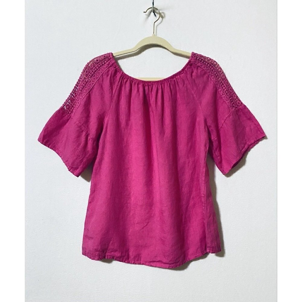 Terzo Millennio Top Womens Small Off the Shoulder Crochet Sleeve Pink Linen Boho